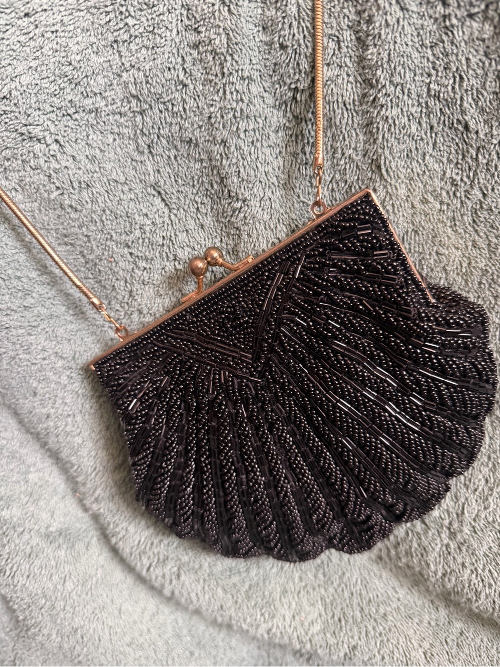 Black Beaded Evening Clutch with Rose Gold Frame